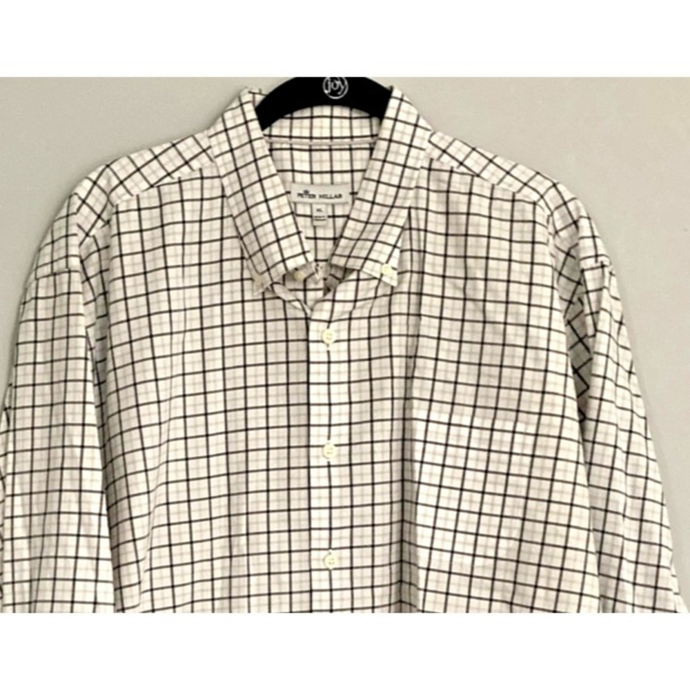 Peter Millar Shirt Men XL White/Gray Check Stretch Button Dn. Long Sleeve Casual